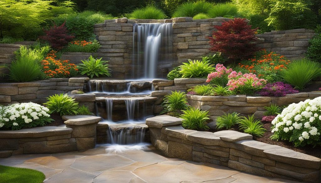 Retaining wall with cascading waterfall