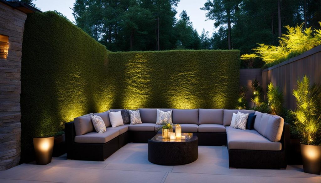 retaining wall seating area with spotlights